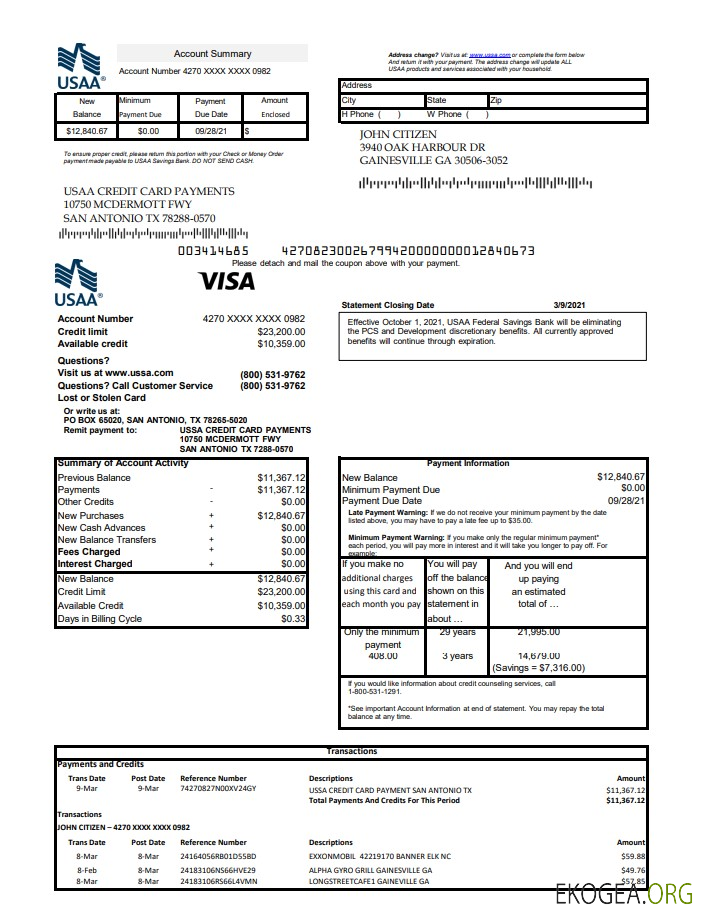 USA USAA banque Carte de crédit excel pdf